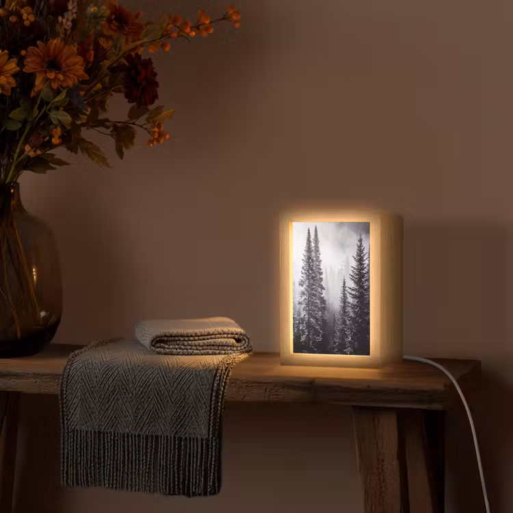 Bos - Mist - Winter - Monochroom - Natuur Light Box met kabel (Tafellamp) klein -sfeer4