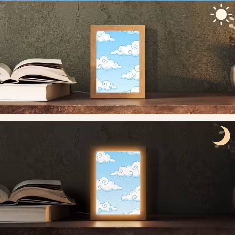 Wolk - Lucht - Cartoon - Blauw - Wit Light Box met kabel (Tafellamp) klein -sfeer3