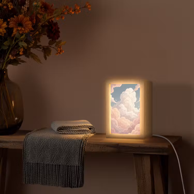 Wolken - Lucht - Natuur - Pastel - Roze Light Box met kabel (Tafellamp) klein -sfeer4