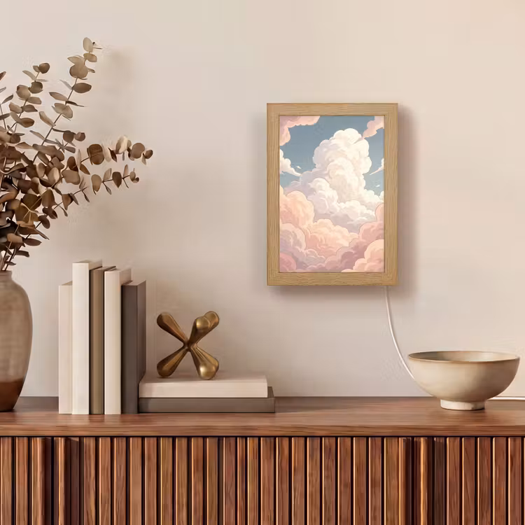 Wolken - Lucht - Natuur - Pastel - Roze Light Box met kabel (Tafellamp) klein -sfeer2