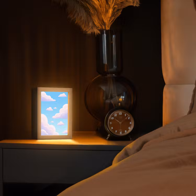 Wolken - Roze - Blauw - Natuur - Modern Light Box met kabel (Tafellamp) klein -sfeer1