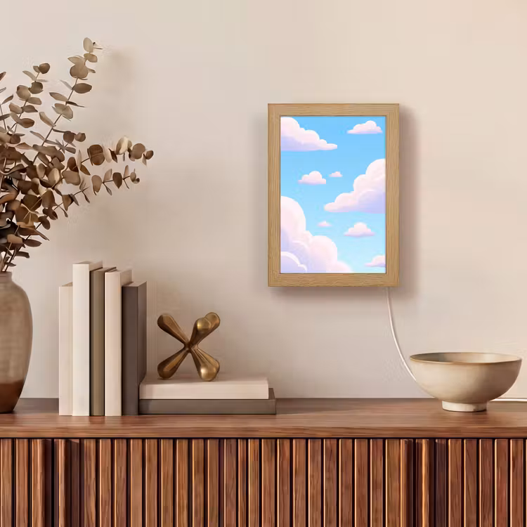 Wolken - Roze - Blauw - Natuur - Modern Light Box met kabel (Tafellamp) klein -sfeer2