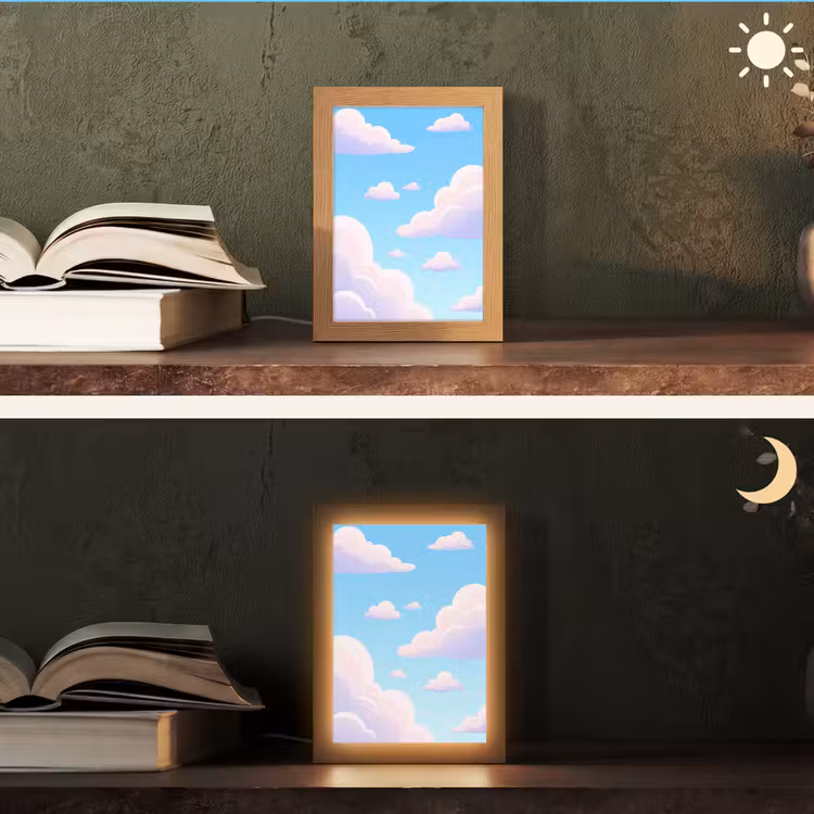 Wolken - Roze - Blauw - Natuur - Modern Light Box met kabel (Tafellamp) klein -sfeer3