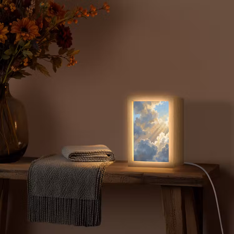 Wolken - Zonnestralen - Natuur - Abstract - Blauw Light Box met kabel (Tafellamp) klein -sfeer4