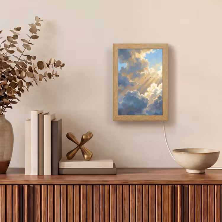 Wolken - Zonnestralen - Natuur - Abstract - Blauw Light Box met kabel (Tafellamp) klein -sfeer2