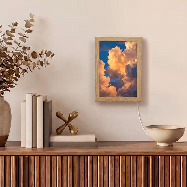 Wolken - Zonsondergang - Natuur - Oranje - Blauw Light Box met kabel (Tafellamp) klein -sfeer2