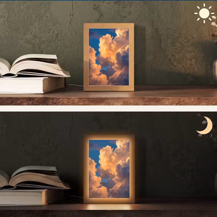 Wolken - Zonsondergang - Natuur - Oranje - Blauw Light Box met kabel (Tafellamp) klein -sfeer3