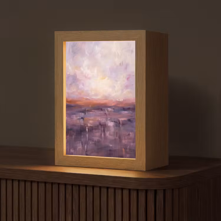 Personalisierte Lightbox - Zusammenfassung – Landschaft – Modern – Lila – Orange - Abstract - Landschap - Modern - Paars - Oranje Light Box met kabel (Tafellamp) klein