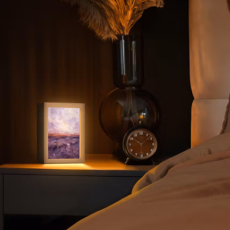 Personalisierte Lightbox - Zusammenfassung – Landschaft – Modern – Lila – Orange - Abstract - Landschap - Modern - Paars - Oranje Light Box met kabel (Tafellamp) klein