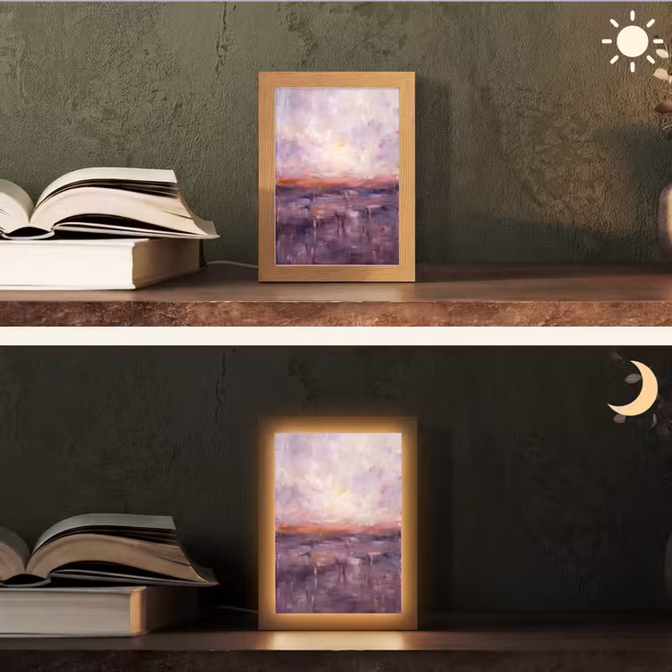 Personalisierte Lightbox - Zusammenfassung – Landschaft – Modern – Lila – Orange - Abstract - Landschap - Modern - Paars - Oranje Light Box met kabel (Tafellamp) klein