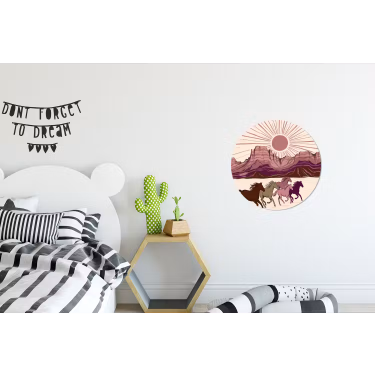 Paarden - Rennend - Woestijn - Natuur - Abstract Wandcirkel aluminium klein -kinderkamer
