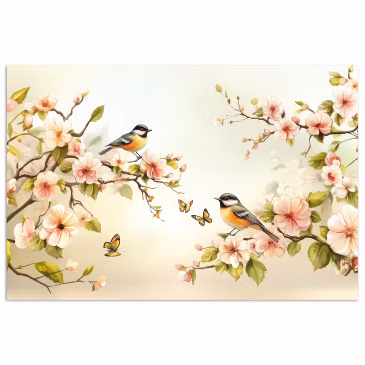 Takken - Bloemen - Vogeltjes - Roze poster papier klein -3d
