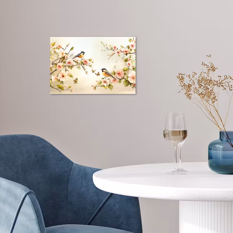 Takken - Bloemen - Vogeltjes - Roze poster papier klein -sfeer3