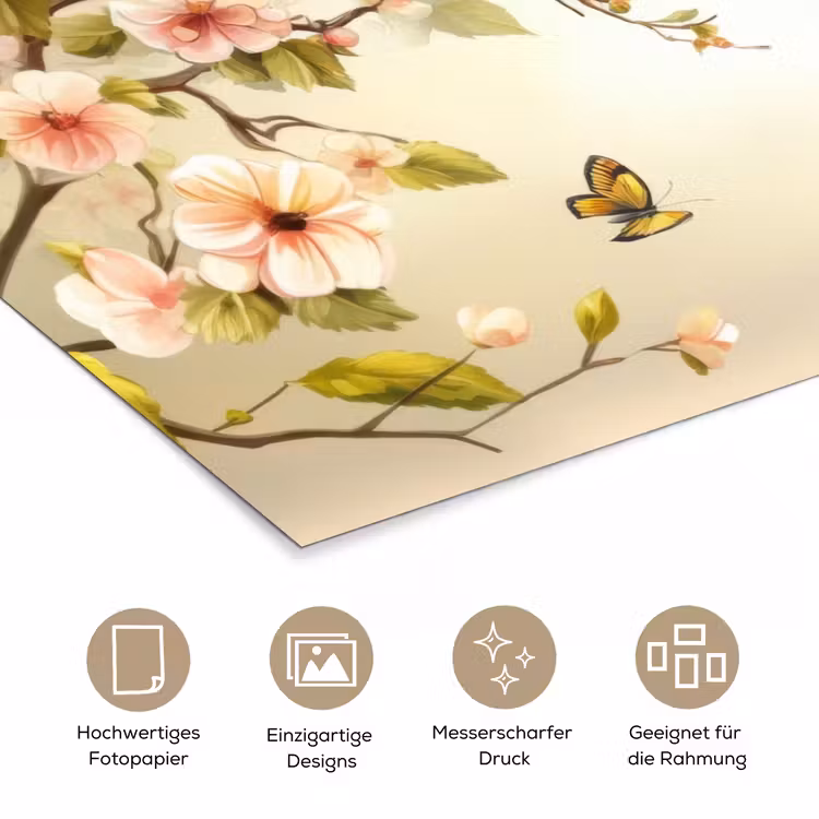 Takken - Bloemen - Vogeltjes - Roze poster papier klein -tcloseup_DE