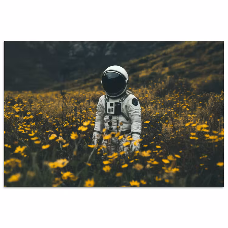 Astronaut - Bloemen - Veld - Geel poster papier klein -3d