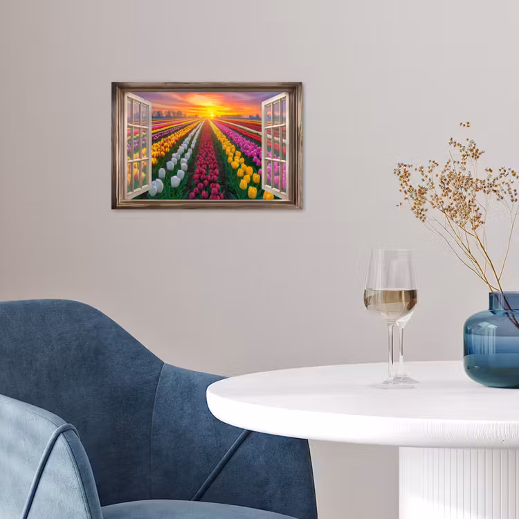 Doorkijk - Bloemen - Tulpen - Kleurrijk - Zonsondergang poster papier klein -sfeer3