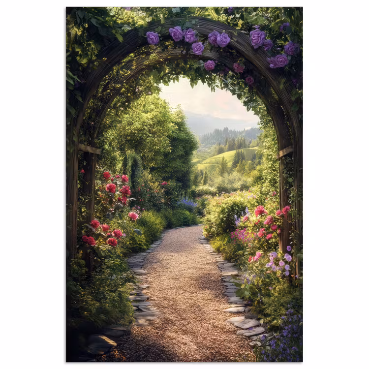 Doorkijk - Landschap - Bloemen - Tuinboog - Natuur poster papier klein -3d