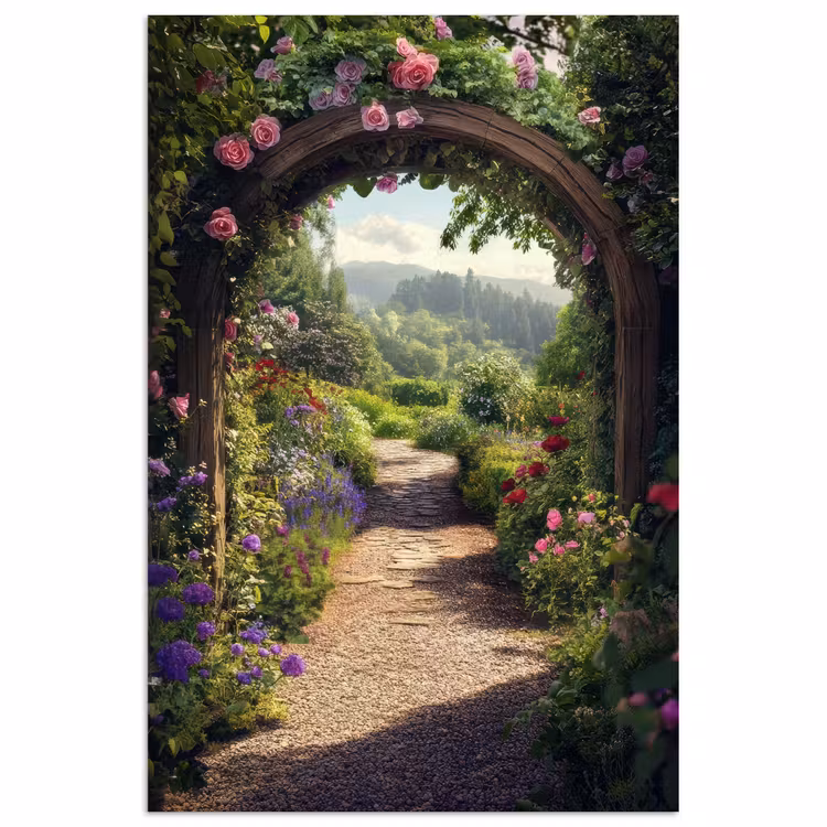 Doorkijk - Landschap - Bloemen - Rozenboog - Natuur poster papier klein -3d