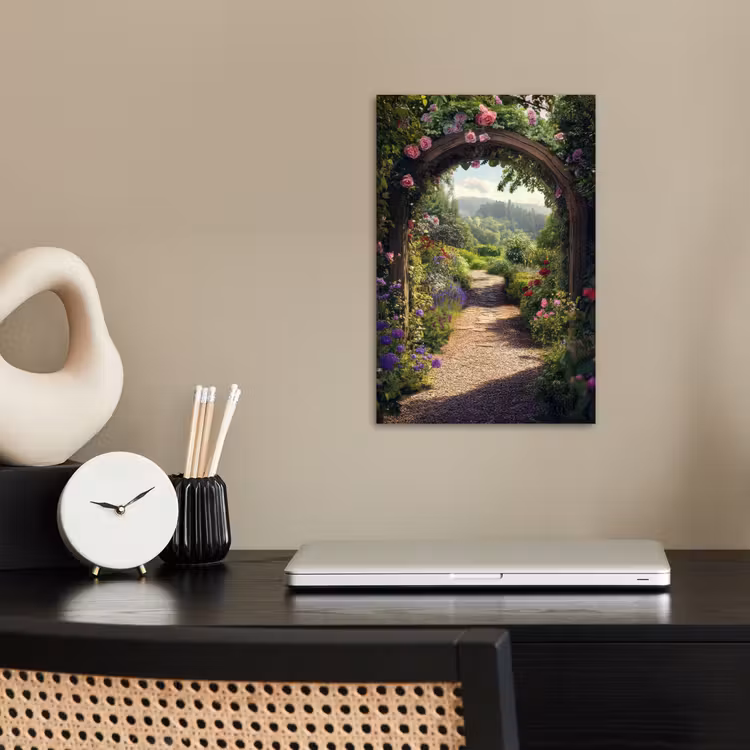 Doorkijk - Landschap - Bloemen - Rozenboog - Natuur poster papier klein -sfeer1