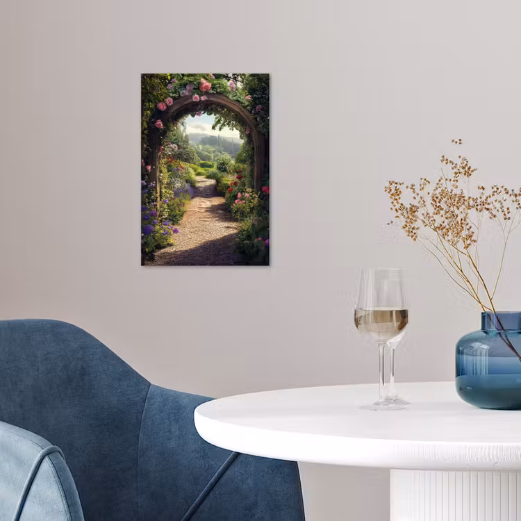 Doorkijk - Landschap - Bloemen - Rozenboog - Natuur poster papier klein -sfeer3