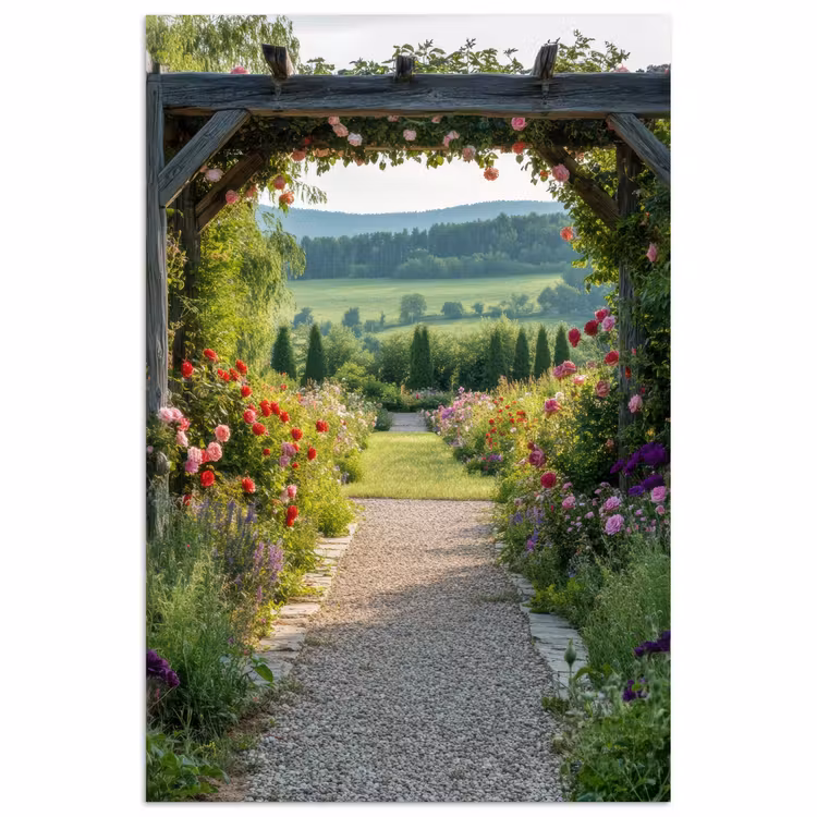 Doorkijk - Landschap - Natuur - Tuinboog - Bloemen poster papier klein -3d