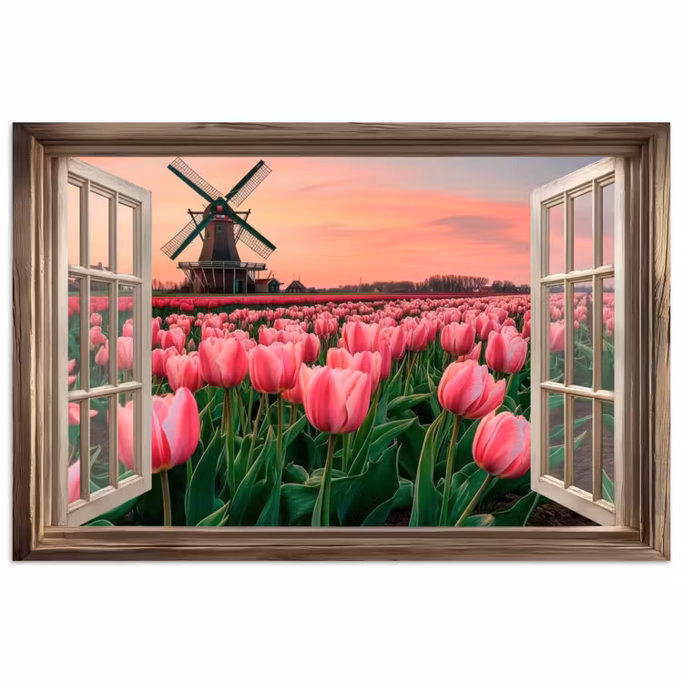 Doorkijk - Tulpen - Bloemen - Molen - Raam poster papier klein -3d