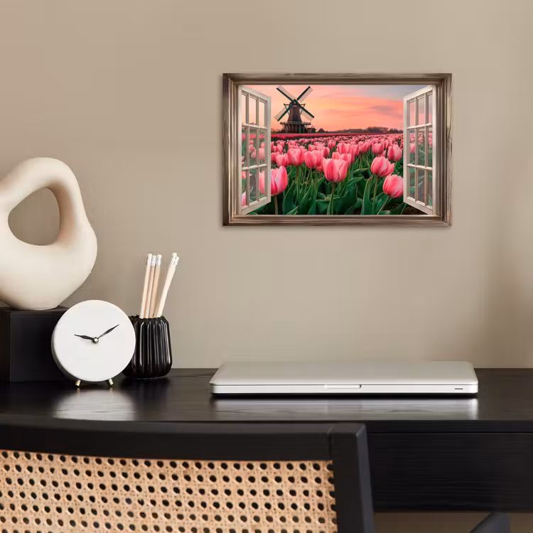 Doorkijk - Tulpen - Bloemen - Molen - Raam poster papier klein -sfeer1
