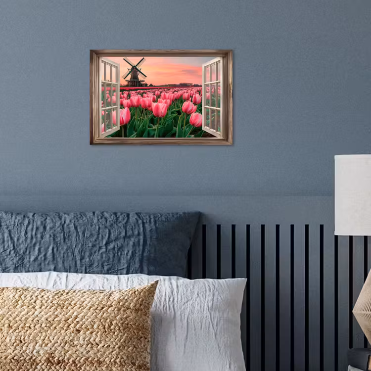 Doorkijk - Tulpen - Bloemen - Molen - Raam poster papier klein -sfeer2