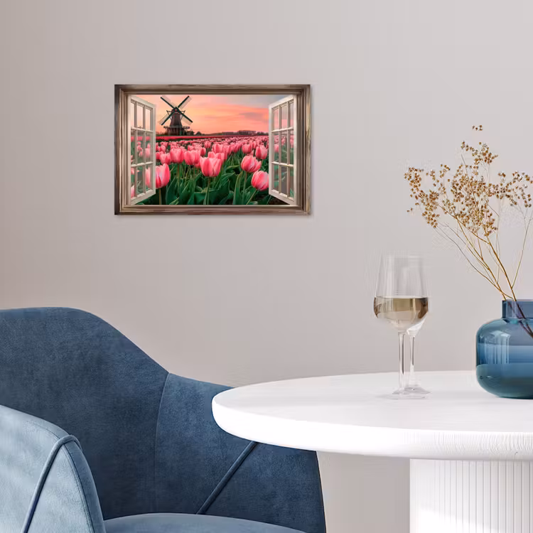 Doorkijk - Tulpen - Bloemen - Molen - Raam poster papier klein -sfeer3