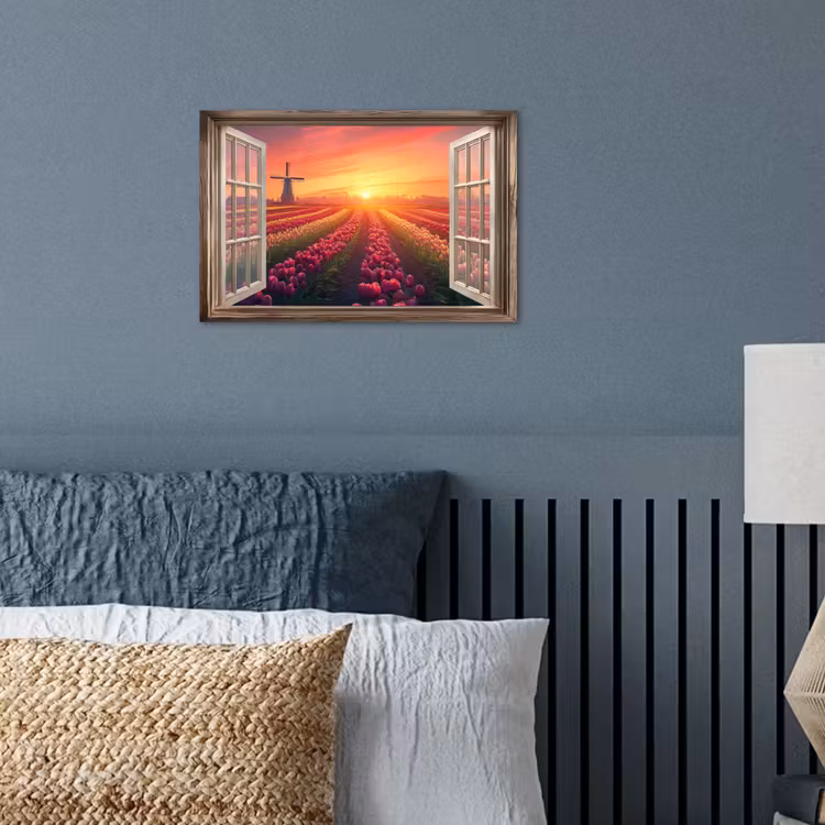 Doorkijk - Tulpen - Zonsondergang - Bloemen - Kleurrijk poster papier klein -sfeer2