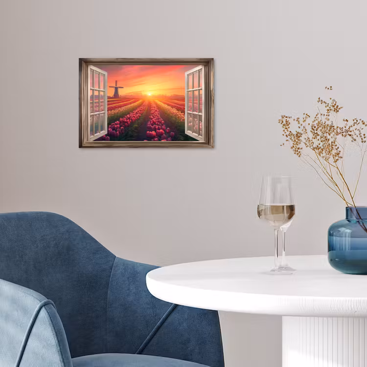 Doorkijk - Tulpen - Zonsondergang - Bloemen - Kleurrijk poster papier klein -sfeer3