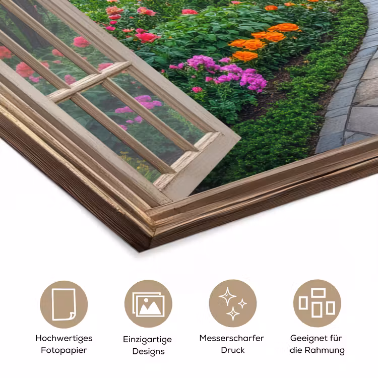 Doorkijk - Bloemen - Tuinpad - Natuur - Raam poster papier klein -tcloseup_DE