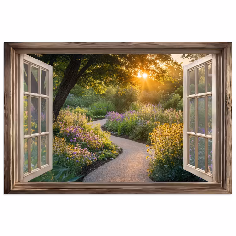 Doorkijk - Bloemen - Natuur - Zon - Pad poster papier klein -3d