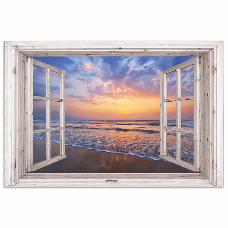 Doorkijk - Zee - Strand - Zonsondergang - Blauw poster papier klein -3d