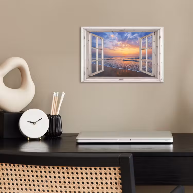 Doorkijk - Zee - Strand - Zonsondergang - Blauw poster papier klein -sfeer1