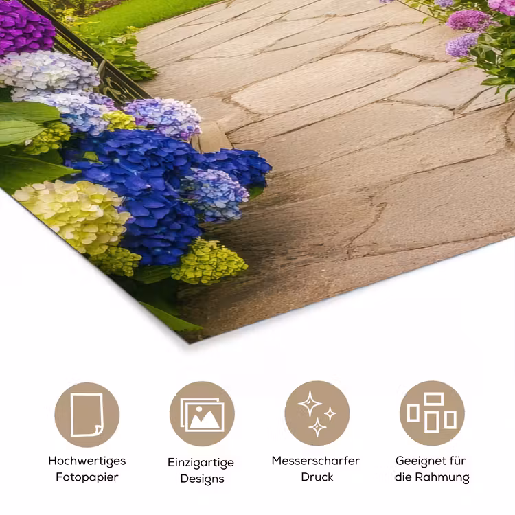 Doorkijk - Poort - Hortensia - Bloementuin poster papier klein -tcloseup_DE