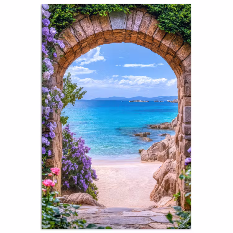 Doorkijk - Poort - Zee - Strand - Rotsen poster papier klein -3d