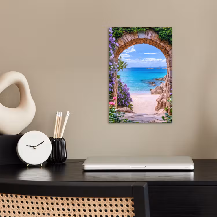Doorkijk - Poort - Zee - Strand - Rotsen poster papier klein -sfeer1
