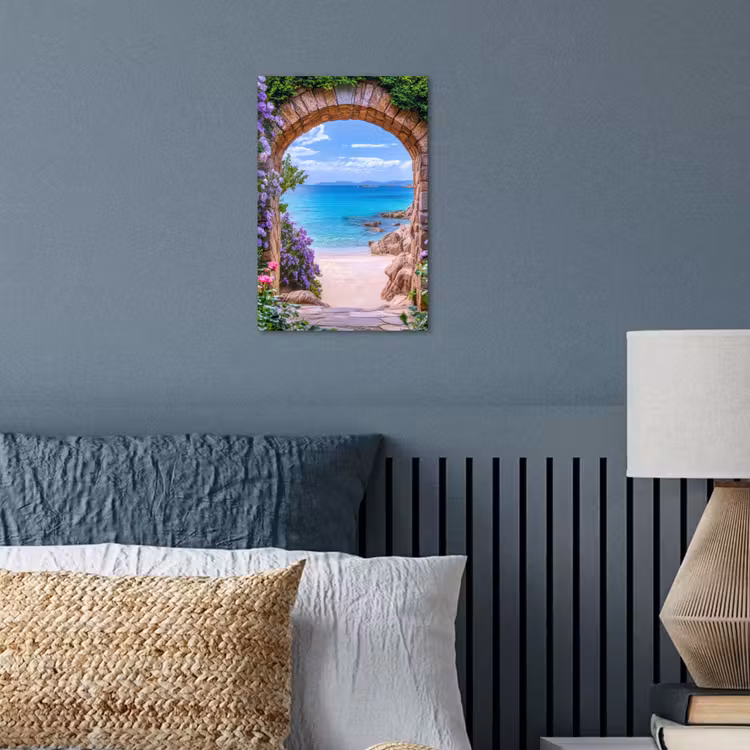 Doorkijk - Poort - Zee - Strand - Rotsen poster papier klein -sfeer2