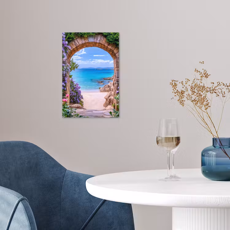 Doorkijk - Poort - Zee - Strand - Rotsen poster papier klein -sfeer3