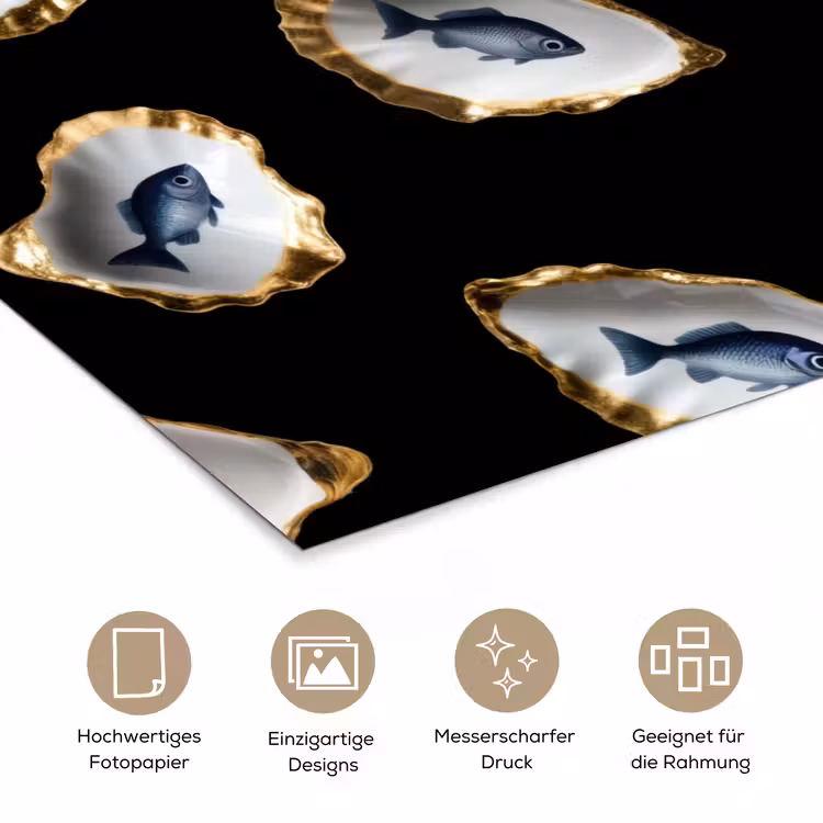Oesters - Vissen - Blauw - Goud poster papier klein -tcloseup_DE
