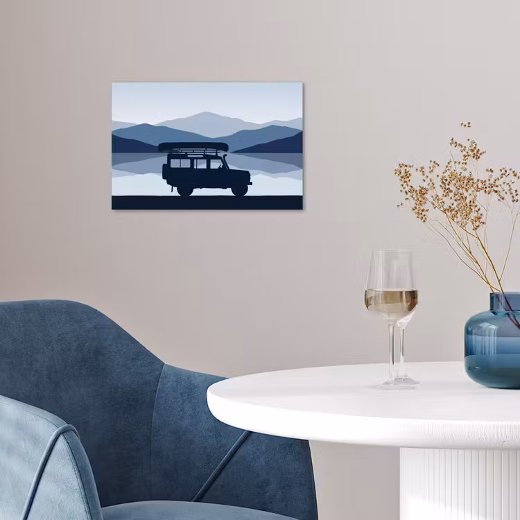 Auto - Meer - Bergen - Blauw poster papier klein -sfeer3