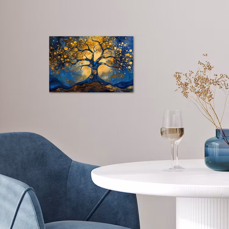 Boom - Levensboom - Blauw - Goud poster papier klein -sfeer3