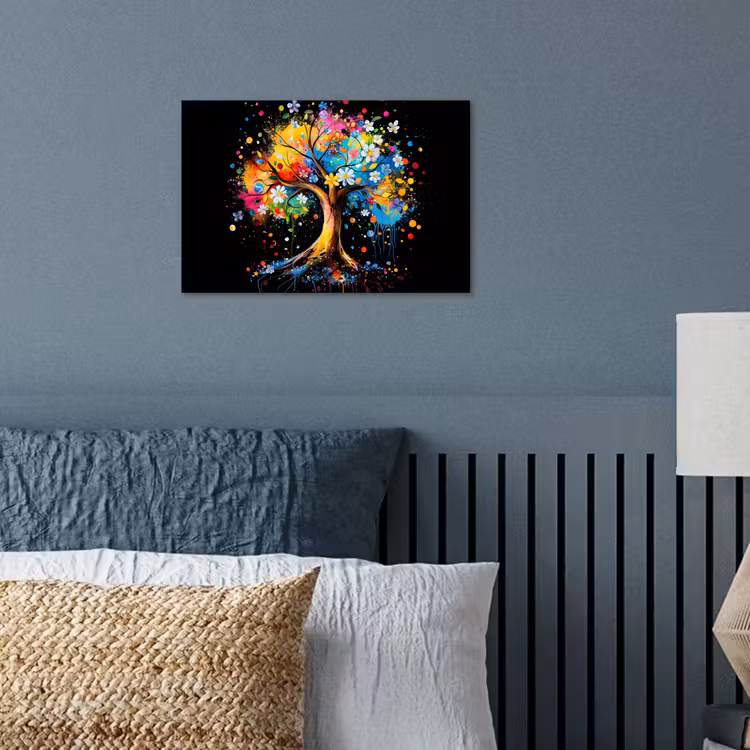 Boom - Kleurrijk - Bloemen - Zwart poster papier klein -sfeer2