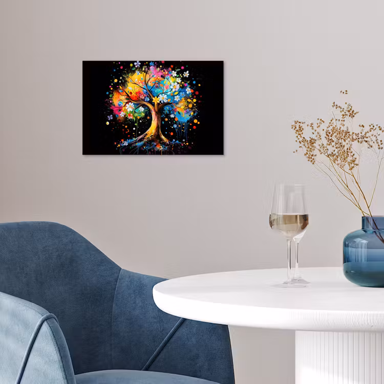 Boom - Kleurrijk - Bloemen - Zwart poster papier klein -sfeer3