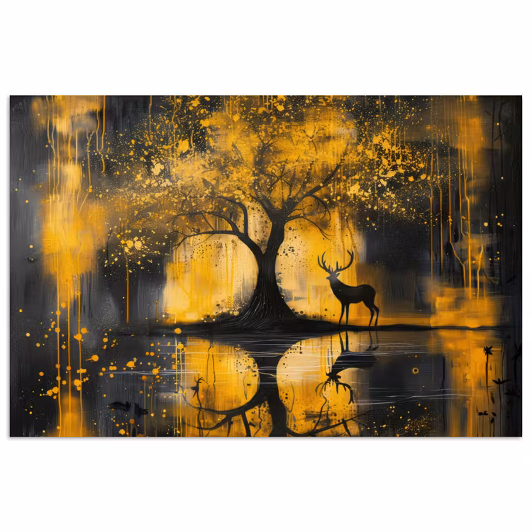 Boom - Verflook - Hert - Natuur - Goud poster papier klein -3d
