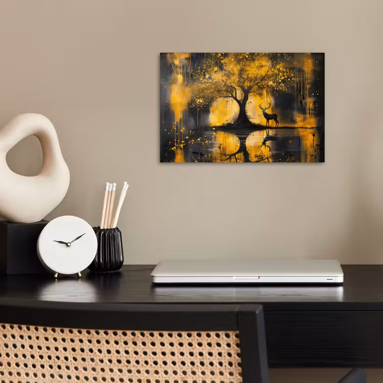 Boom - Verflook - Hert - Natuur - Goud poster papier klein -sfeer1