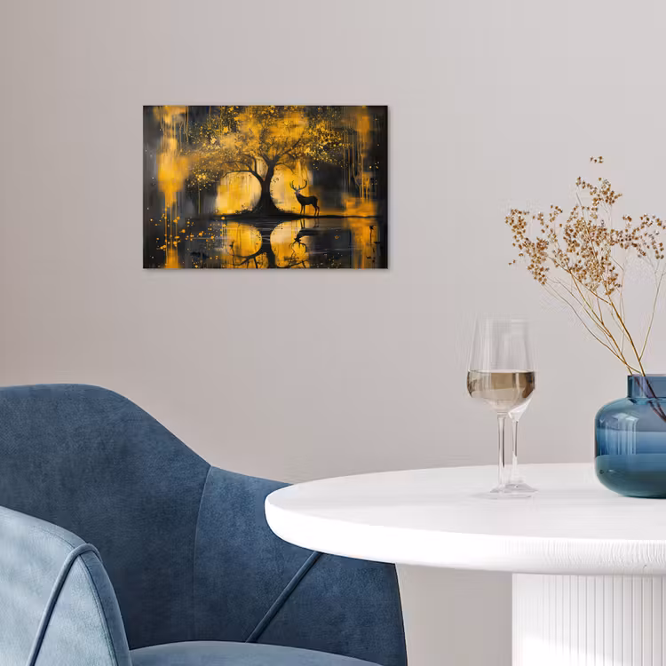 Boom - Verflook - Hert - Natuur - Goud poster papier klein -sfeer3