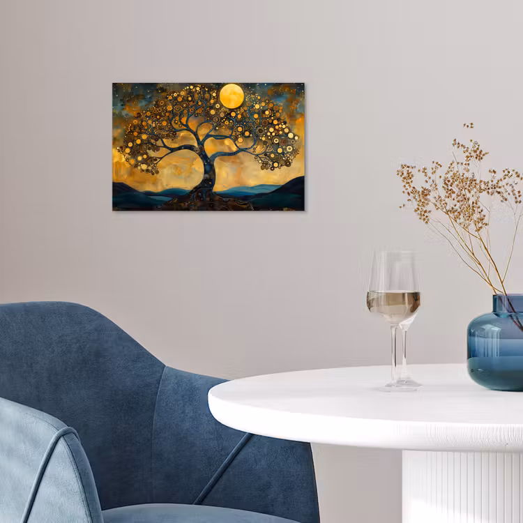 Boom - Maan - Bloemen - Goud - Kunst poster papier klein -sfeer3