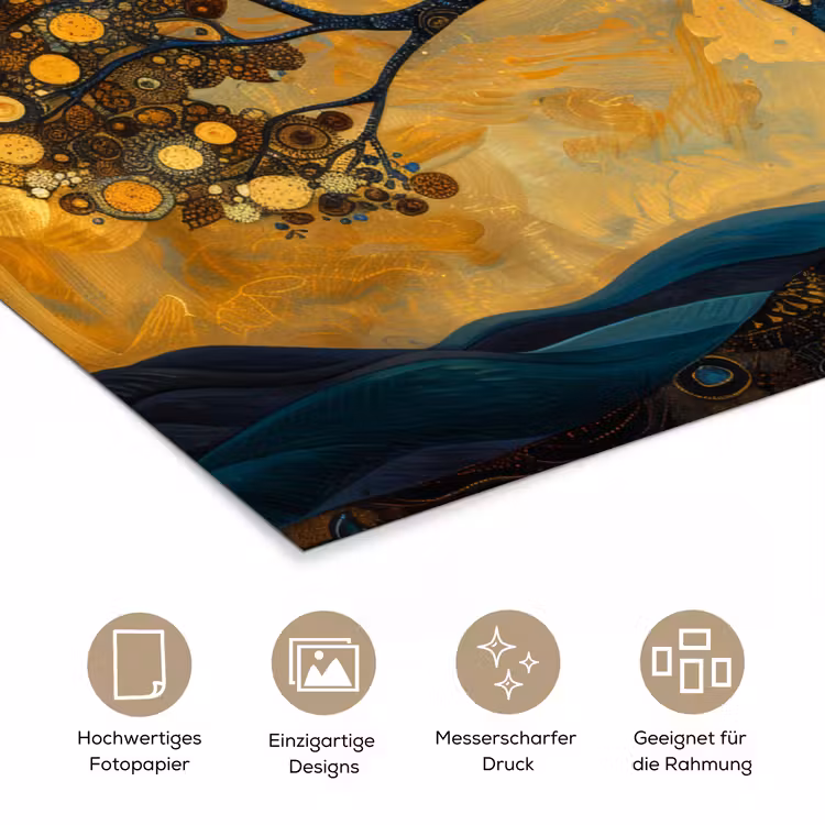 Boom - Maan - Bloemen - Goud - Kunst poster papier klein -tcloseup_DE
